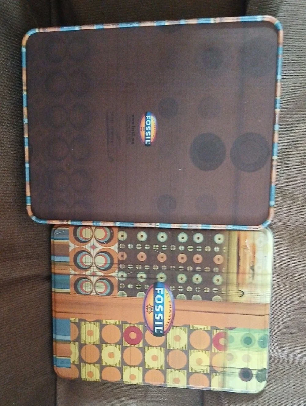 Fossil Retro Geometric Tablet Tin in Orange, Blue, Brown & Cream With Lid 6x5x2